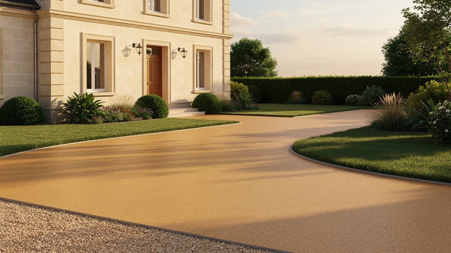 Cour en bicouche ocre devant une maison en pierre, finition colorée