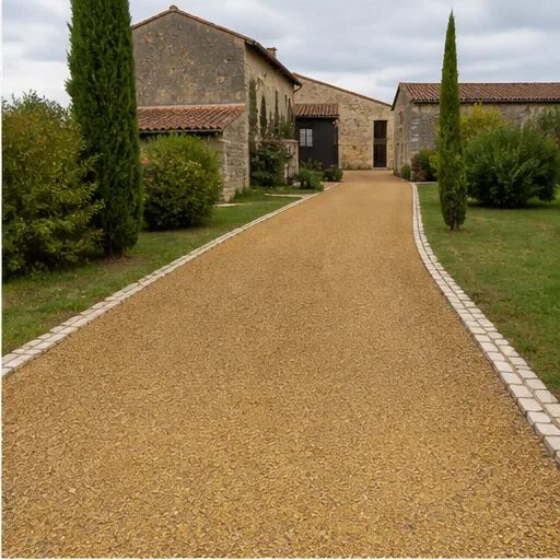 Exemple d entrée de propriété en bicouche ocre avec bordures claires